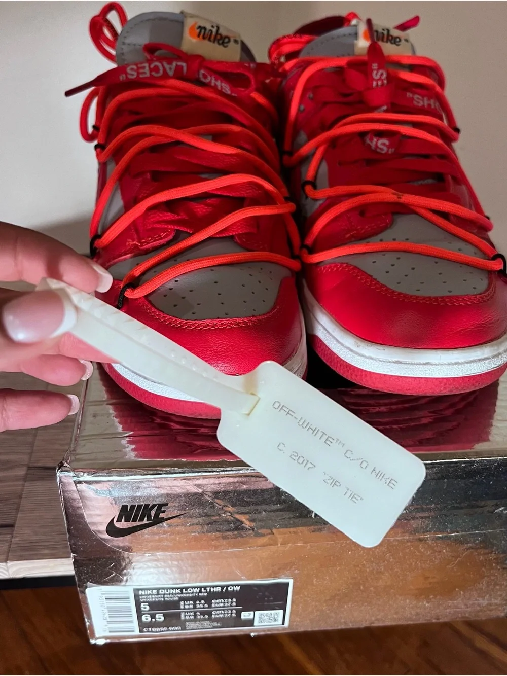 Nike Dunk Low x Off-White University Red 2019 with Double Laces